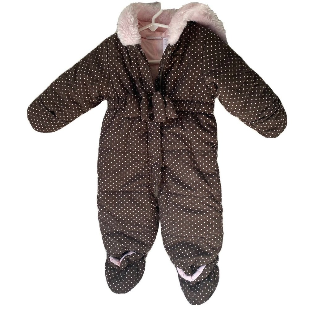 First Impressions‎ one piece polka dot snowsuit hooded fauxfur pink/brown 6-9m